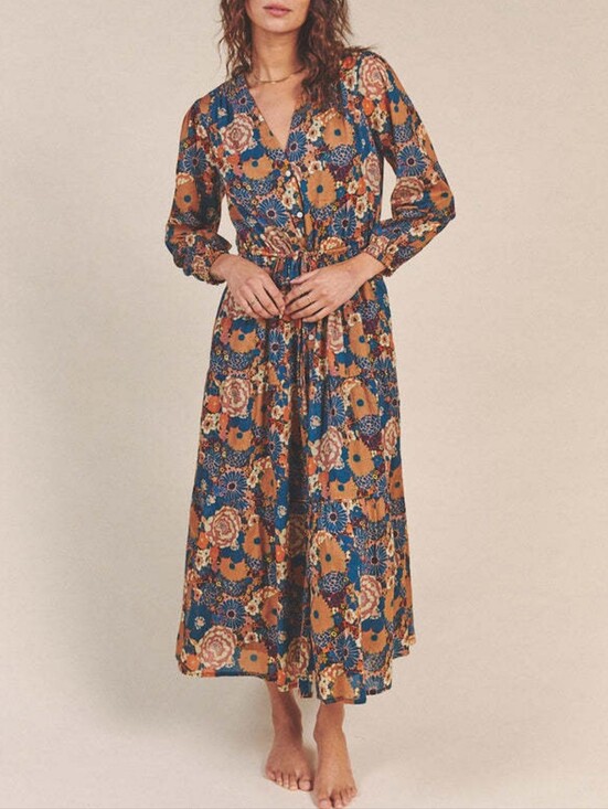 Trovata Dresses & Skirts - Trovata Ainsley Teal and Mustard Floral Long Sleeve Maxi Dress In Ocaso Floral